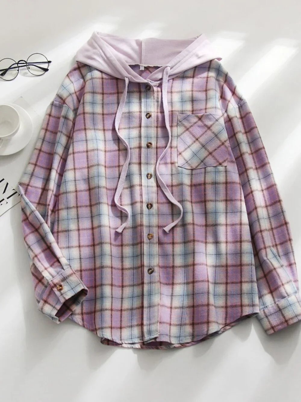 Women's Purple Plaid Hooded Pullover Shirt Casual Long Sleeve Top
